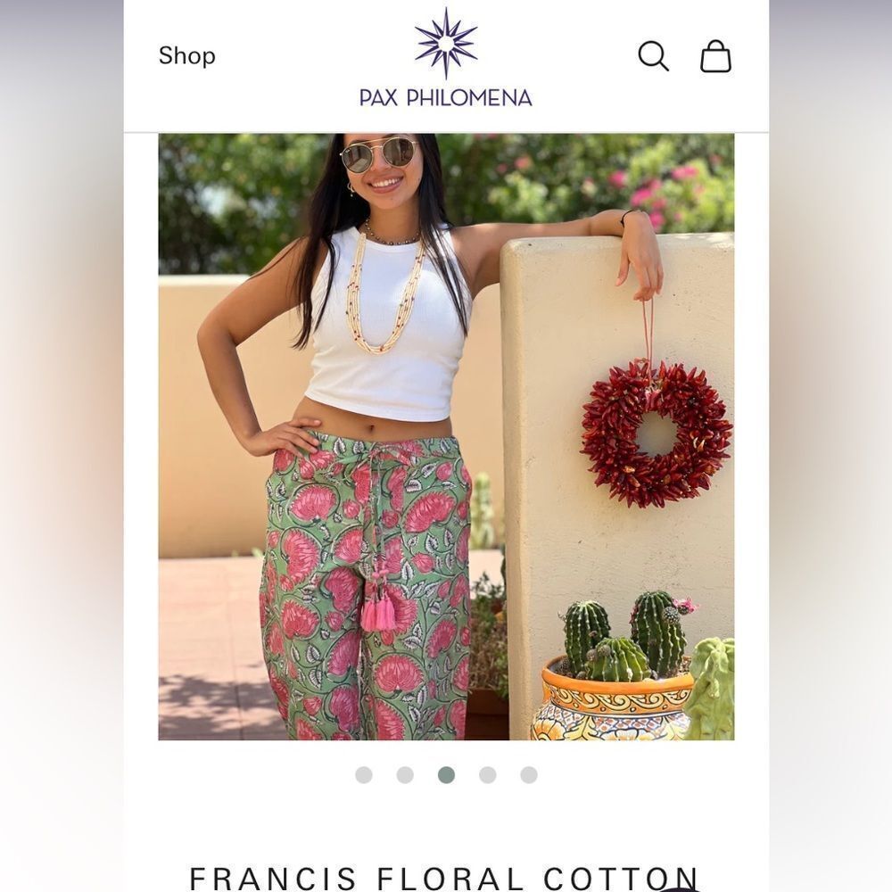Pax Philomena Nwt Francis Floral Cotton Draw String Pants W/Beaded Tassel Ties — image 3 of 8